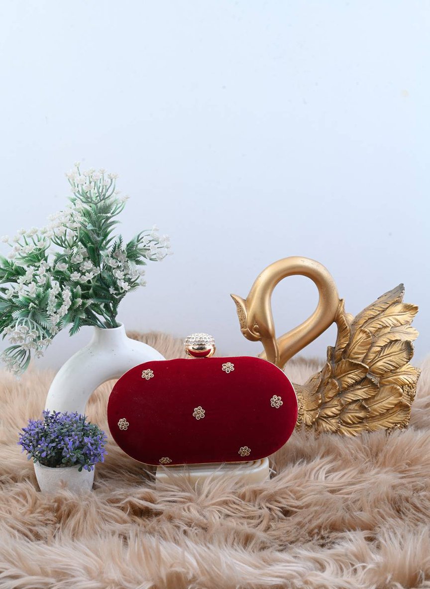 Exquisite Hand-Embroidered Velvet Zardozi Ruby Red Clutch