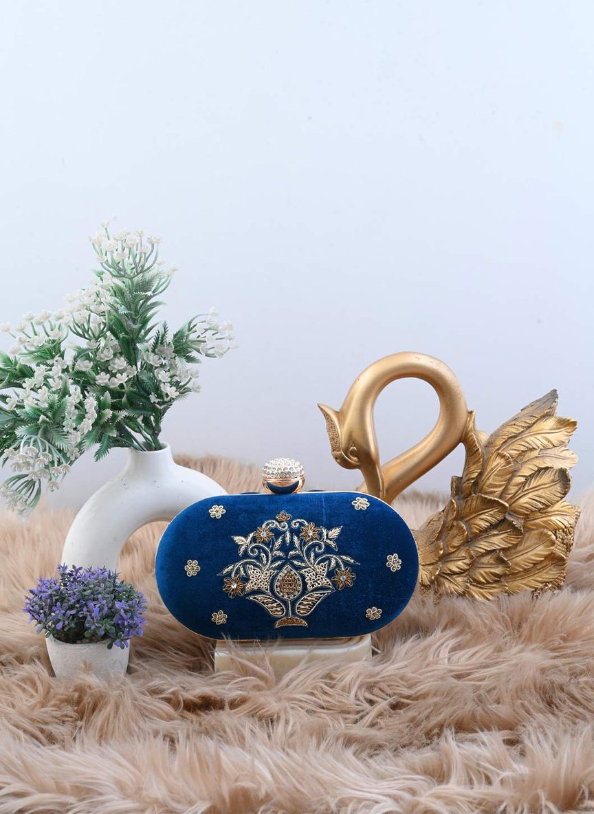 Exquisite Hand-Embroidered Velvet Zardozi Royal Blue Clutch